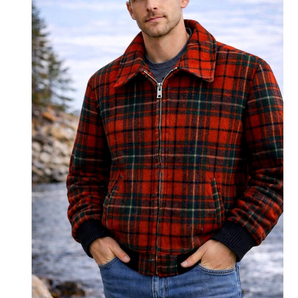 Huckberry Vintage L Plaid 100% Wool Bomber Jacket $350 Quilted Coat Red 44